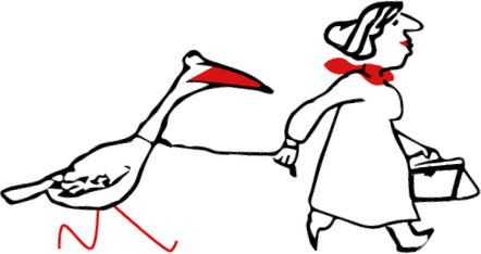 Hebamme mit Storch